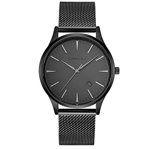 CRRJU Men's Fashion Minimalist Wrist Watch with Milanese Mesh Band,Waterproof Analog Deep Gray Date with Black Quartz Dress Wrist Watch