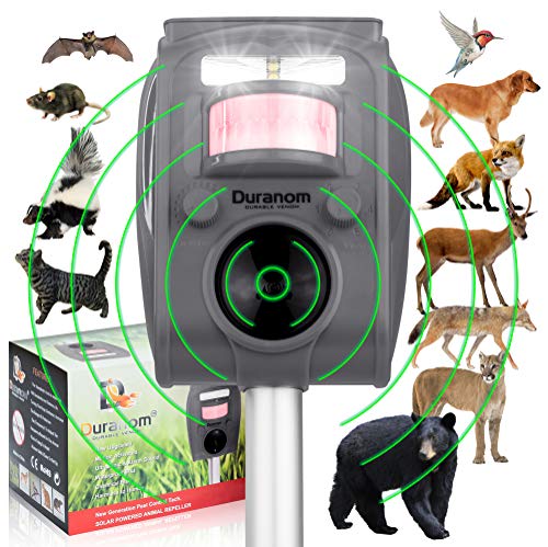 DURANOM Ultrasonic Wild Animal Repeller - Cat Deer Repellent Solar Powered - Motion Sensor Activated Flashing Strobe - Outdoor Alarm Pest Deterrent Device (Military Grey)