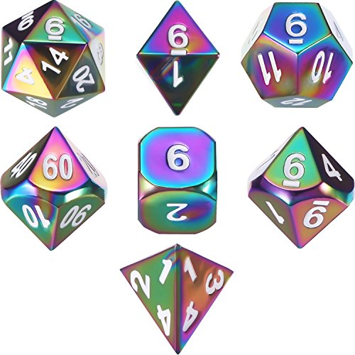 TecUnite Set of 7 Metal Dice Polyhedral 7-Die Dice Set Role Playing Game Dice Set for Dungeons and Dragons, RPG Dice Gaming, D&D, MTG, Math Teaching with Drawstring Pouch (Rainbow)