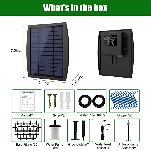 Solar Automatic Drip Irrigation Kit System, JIYANG Solar Powered Auto Easy DIY Watering Device Supported Pots Plants, 12 Timing Modes with Anti-Siphoning Device (Supported 20-30 Pots, 12Timing Modes)