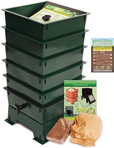 Worm Factory DS5GT 5-Tray Worm Composting Bin + Bonus What Can Red Wigglers Eat? Infographic Refrigerator Magnet - Vermicomposting Container System - Live Worm Farm Starter Kit for Kids & Adults
