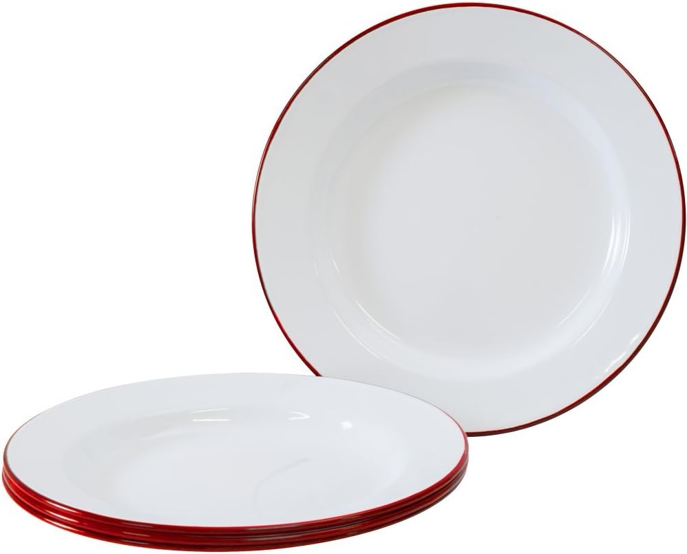 Enamelware Set of 4 Dinner Plates Solid White with Red Rim