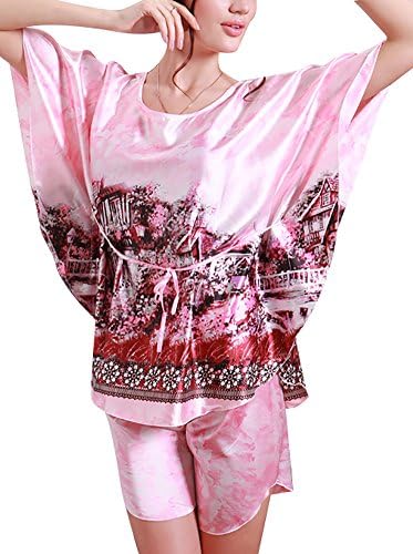 Aensso Women’s Satin Short-Sleeve Pajama Set Sexy Sleepwear Shorts Set 2 Piece Cami Set (X-Large, Ink and wash)