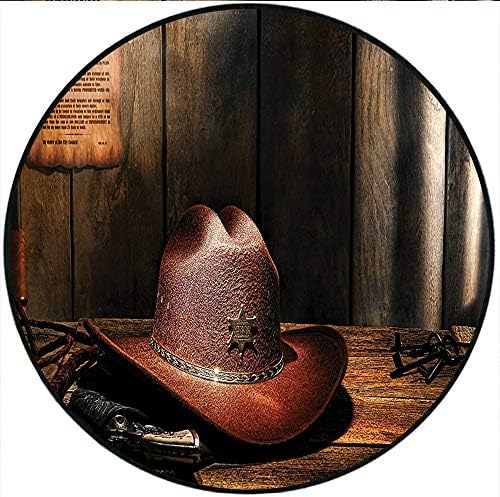Short Plush Round Carpet Felt Western Hat on Sheriff Table with Old Lawman Gun and Bullwhip Jail Artwork Brown Used in a Variety of venues 51.1" x 47.2" Round