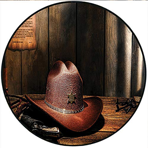 Short Plush Round Area Rug Felt Western Hat on Sheriff Table with Old Lawman Gun and Bullwhip Jail Artwork Brown Non Slip Backing Washable 23.6" x 23.6" Round