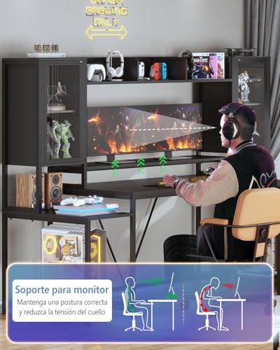 FL FASHION LEADER Escritorio Gamer 190cm Escritorio para Computadora con Luces LED Escritorio Minimalista con Soporte para Monitor, Mesa de PC con Estantes Negro
