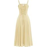 Generic Women's Babydoll Floral, Sleeveless Midi Corset Dress, Boho Summer, Spaghetti Straps, Square Neck, Casual Flowy with Slit (US, Alpha, X-Large, Large, Regular, Regular, Yellow)