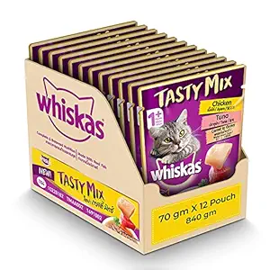 whiskas Adult (1+ Year) Tasty Mix Wet Cat Food Made with Real Fish, Chicken with Tuna and Carrot in Gravy - Pack of 12 (70g x 12)