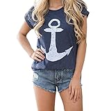 RAYWIND Women Navy Anchor Print Short Sleeve Blouse Casual T-shirt Tops