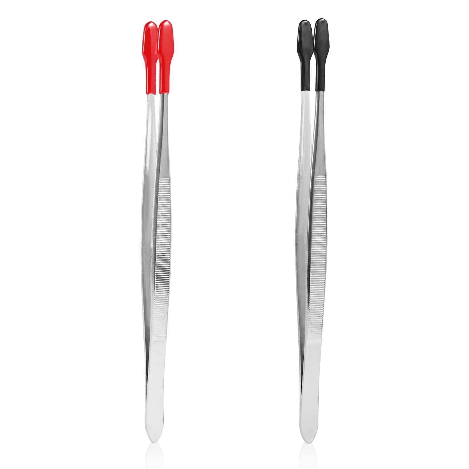2pcs Tweezers with Rubber Tip, Straight Large Flat Tipped Head Stainless Steel Stamp Sticker Tweezers Non-Slip Coated Long Crafting Precision Tool for Bead Craft Jewelry Making Hobby(Red, Black)