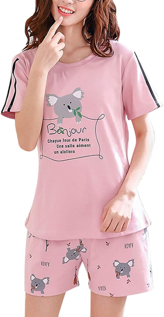 Cherrygirlbaby Big Girls Pajamas Set Cut Cartoon Panda Summer Short Sleeve with Pants Sleepwear