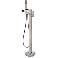 Wowkk Freestanding Bathtub Faucet Waterfall Tub Filler Brushed Nickel Floor Mount Brass Single Handle Bathroom Faucets with Hand Shower