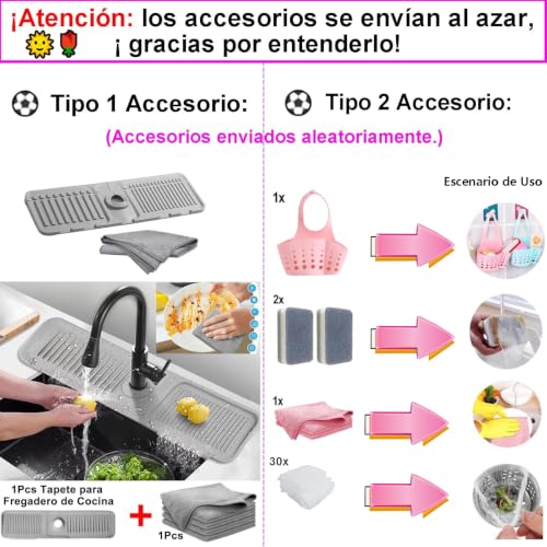 Actualizado Grifo de Cocina de Acero Inoxidable - 1 Mezcladora para Fregadero + 1 Cepillo de Limpieza +1 Paño Limpieza + Otros Accesorios, Grifo Llaves para Fregadero de Cocina Llave Mezcladora Negro