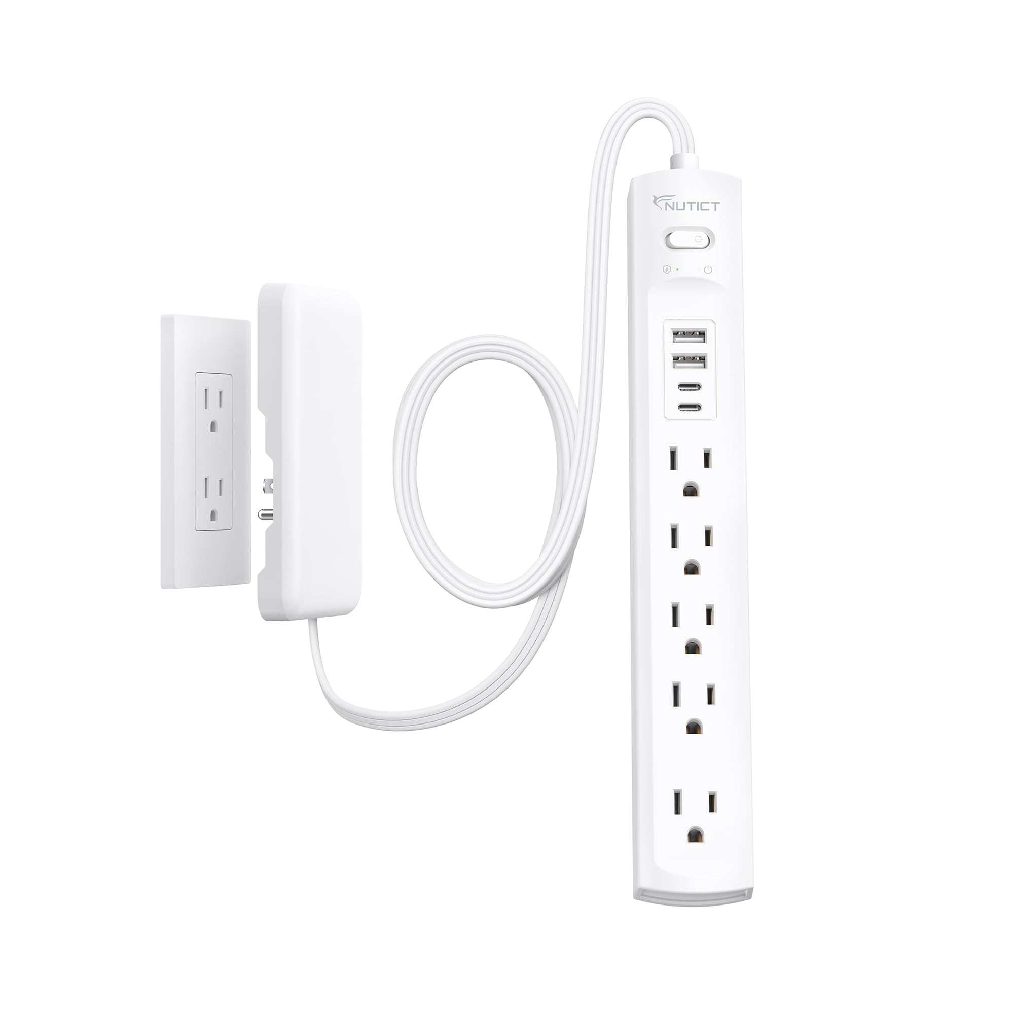 Photo 1 of Outlet Cover Extension Cord Short 3ft, NUTICT Flat Plug Power Strip with 5-Outlet & 4 USB Ports, 1440 Joules Surge Protector, 3 Prong Indoor Extension Cord Flat Wall Plug for Home Office Desk, White