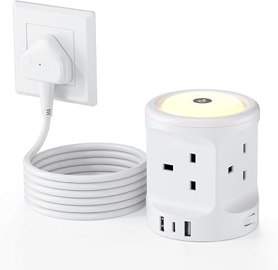Kemelo 7-in-1 USB Extension Lead with Night Light, 4 UK Outlets, 2M