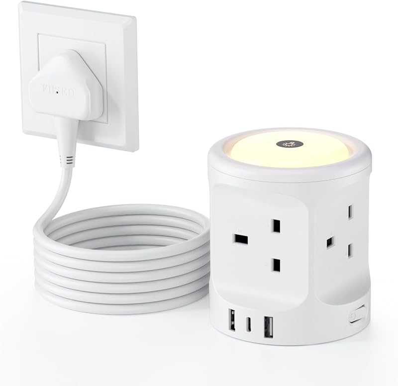 Kemelo 7-in-1 USB Extension Lead with Night Light, 4 UK Outlets, 2M