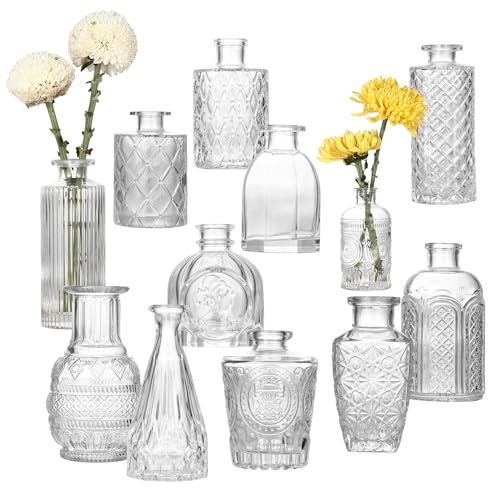 12 Pieces Glass Vases, Small Vintage Flower Vases, Transparent for Table Decoration, Floral and Wedding