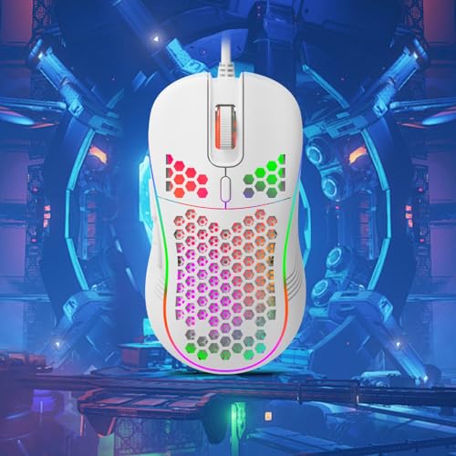 GADIRIA D110 Wired Gaming Mouse - Ultralight Honeycomb Design, 7200 dpi, 6 Programmable Buttons, RGB, USB-A + USB-C - Gaming Mouse for PC, Mac, Windows 10/11 and Linux (Matte White)