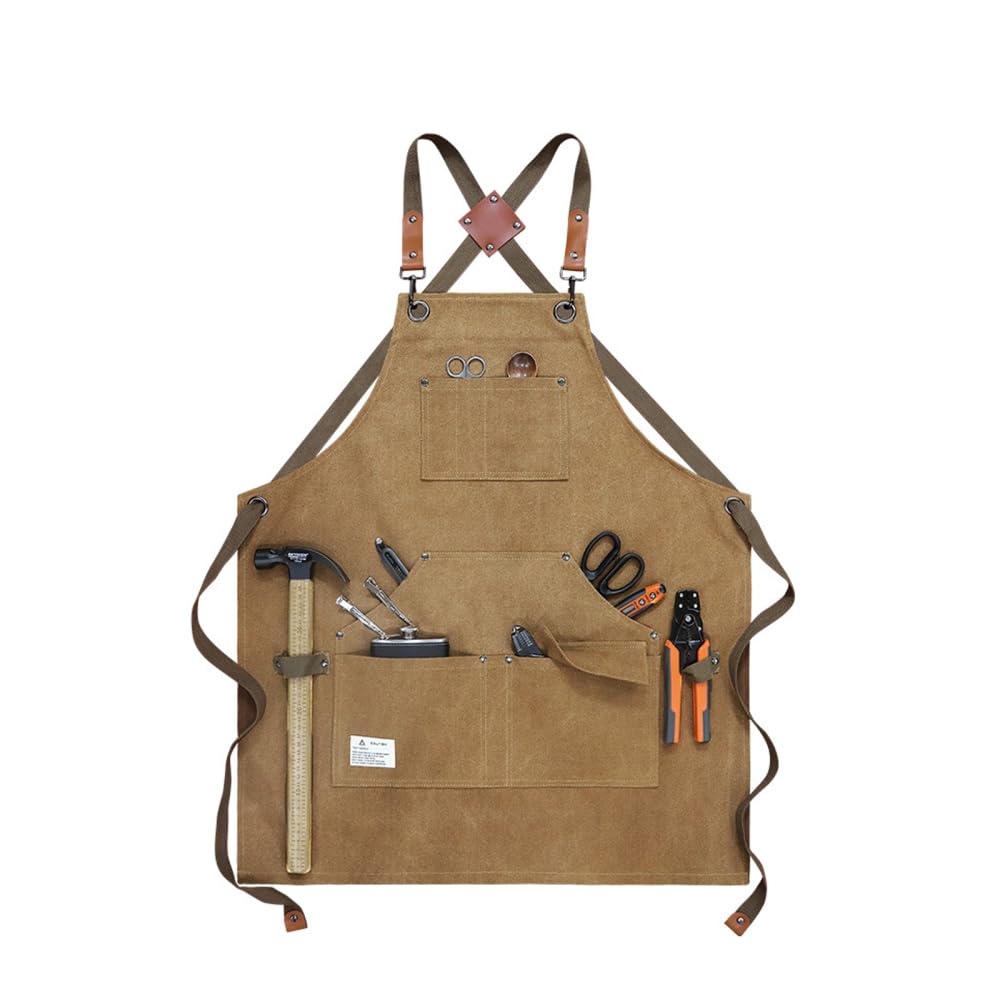 BDKMMS Work Apron, Heavy Duty Carpenter Apron with Large Pockets Adjustable Cross Back Shop Apron for Men Women for Garden, Pottery, Workshop, Crafts Work