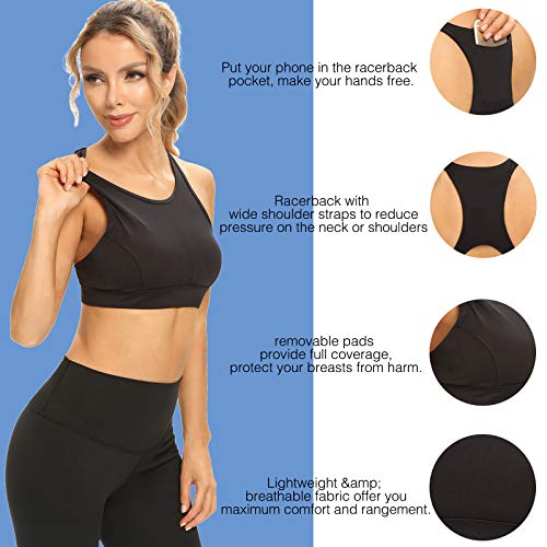 Ultrafun Women Sports Bra Lightweight Wirefree Padded Running Yoga Bra with Back Phone Pocket for Tennis Workout Gym (Black, X-Small)