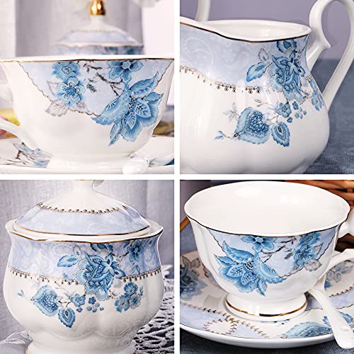 fanquare Set da tè in Porcellana con Fiori Blu, Set Tazza da tè e Piattino, Servizio da tè da Sei, Nozze Teiera… - immagine 3