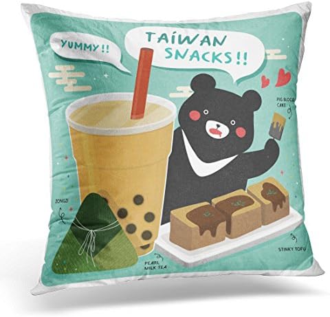 Sdamas Decorative Pillow Cover Green Milk Taiwan Famous Snacks and Big Black Bear Tea Throw Pillow Case Square Home Decor Pillowcase 16x16 Inches