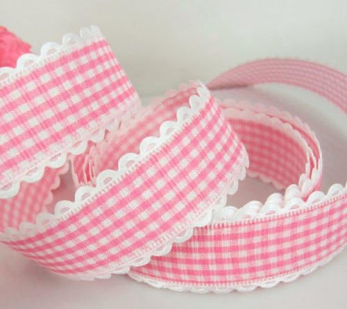 Arts Crafts Ribbon Printed Grid Lace Polyester Ribbon Halloween Christmas Ribbon 10yards 25mm 1pcs (Pink)