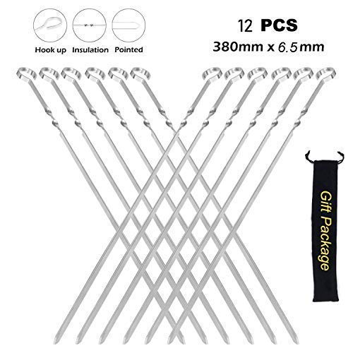 Panshi BBQ Stainless Steel Kabob Skewers,15” Reusable Flat Metal Sticks For Barbecue,Cooking,Baking, Grilling Set With Storage Pouch (12 PCS)
