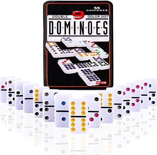 Doublefun Color Dominoes Games, Double 9 Color Dot Dominoes Set Domino Rally Table Games with Iron Box, 55 pcs