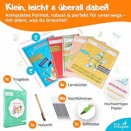 Filapen Magic Preschool Books from 4 Years - 5 Exercise Books + Pen (Reusable) - Learn to Write & Calculate, Practice Letters & Numbers - For Left-Handed and Right-Handed Users