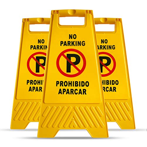 MYSBIKER No Parking Sign, 3 Pack Yellow Sign Stand-Up Floor Signs Readable on Both Sides,with Both English and Spanish - Thumbnail 7