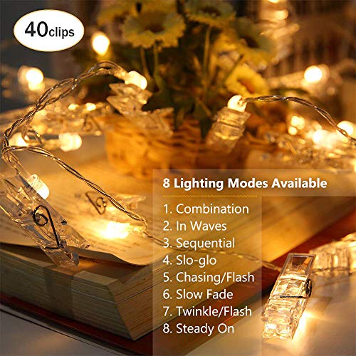 Photo Clips String Lights,40 LED Fairy String Lights for Hanging Pictures,8 Lighting Modes USB/Battery Powered Decor Lights with Remote for Bedroom Wedding Parties (19.7 ft/Warm White)