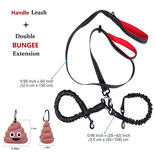 Dual Dog Leash Double Dog Leash, Multifunctional Detachable Leash for 1 or 2 Dogs, No Tangle Shock Absorbing Bungee Walking Lead with Two Handles Bonus Funny Waste Bag Dispenser for Dogs Up to 180lbs