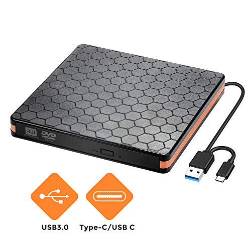 External CD Drive, Optical Drive with USB 3.0 & Type-C for VCD/DVD/CD -ROM/ -R/ +R /-RW Burner/Reader/Writer, Compatible for Windows/Linux/MAC OS (Orange-a)