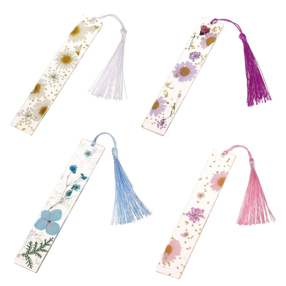 Risedot 4PCS Dried Flower Bookmarks with Tassels, Transparent Resin Bookmarks,Handmade DIY Gift