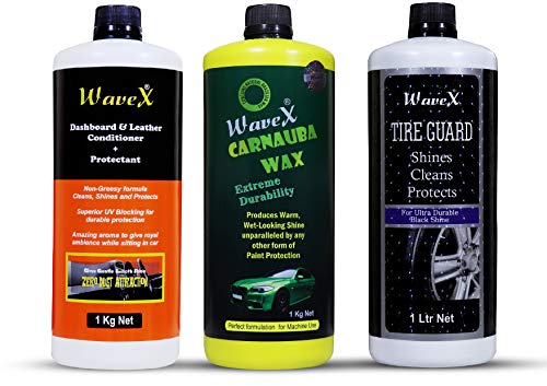 Wavex Brazillan Carnauba Wax with Dashboard Leather Conditioner plus Protectant with Tyre polish Super Black Shine|Car care kit (set of 3)