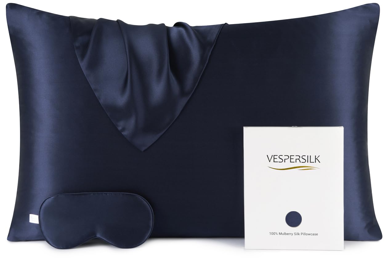 Vespersilk 100% Mulberry Silk Pillowcase & Eye Mask Set for Hair and Skin Health, 19 Momme Grade 6A Organic Silk Both Sides, with Hidden Zipper (Standard 50x75cm, Navy Blue)