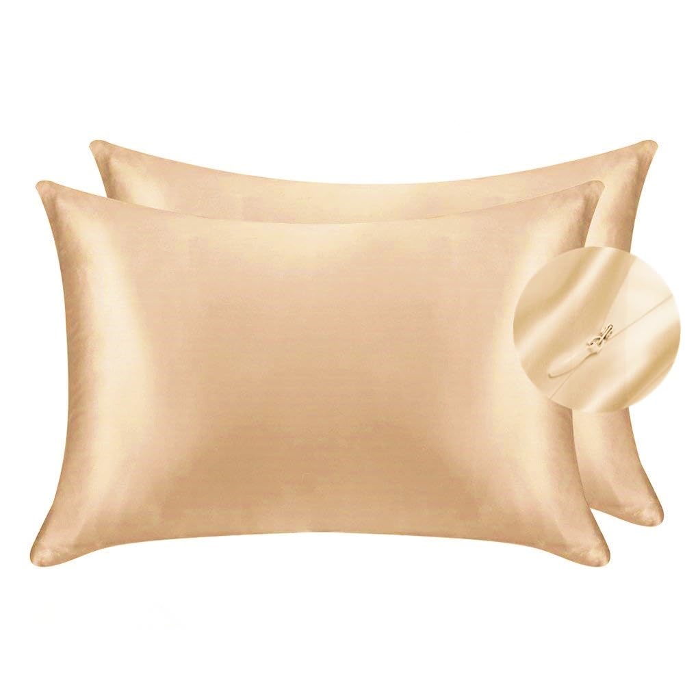 Silky Luxury Satin Pillow Case for Hair & Facial Skin to prevent wrinkles Hidden Zipper (Gold, Standard(50x75cm) 2 Pk)