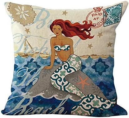 Pillow Case , Littlekelly Home Decor Square Linen Printed Waist Throw Pillows For Bedding Pillow Case Sofa Car Cushion Cover 18 "X18 " ... (Mermaid 2)