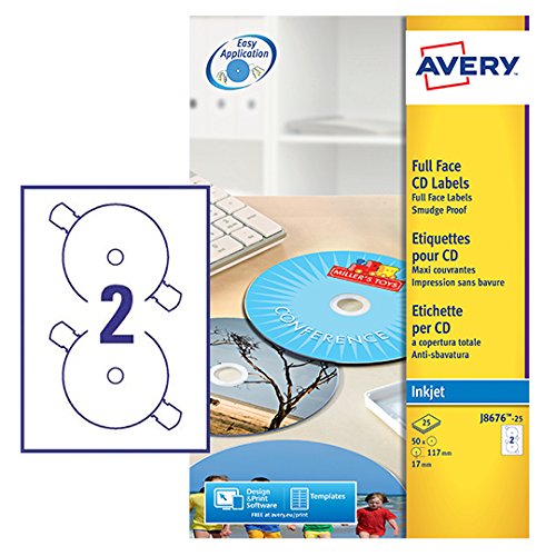 Avery J867625 SelfAdhesive Full Face CD Labels, 2 Labels Per A4 Sheet