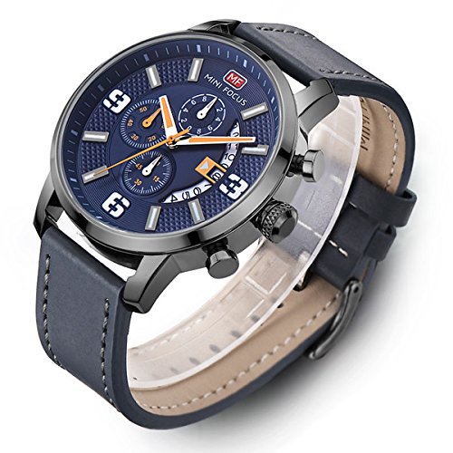 Modiwen Herren-Armbanduhr, Lederarmband, Quarz-Uhrwerk, wasserdicht, Business-Chronograph, analoge Funktion blau