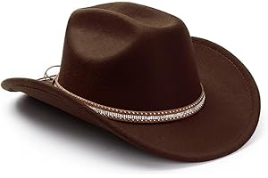 LolliWeaver Women Men Fashion Wide Brim Teardrop Crown Felt Western Cowboy Cowgirl Hat with Silver Studs Leather Hat Band