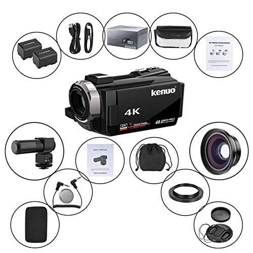 Video Camera, Kenuo 4K Camcorder 48MP 4K Video Camera Ultra HD Digital Video Camera with External Microphone 3.0" Touch Screen IR Night Vision 16X Digital Zoom Cameras with Wide Angle Lens,2 Batteries