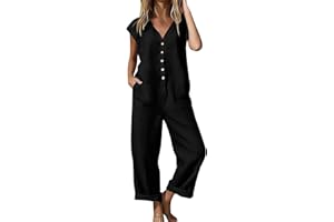 Womens Jumpsuits Summer Cotton Linen Boho Overalls Casual Button Down Sleeveless Rompers with Pockets Travel Clothes