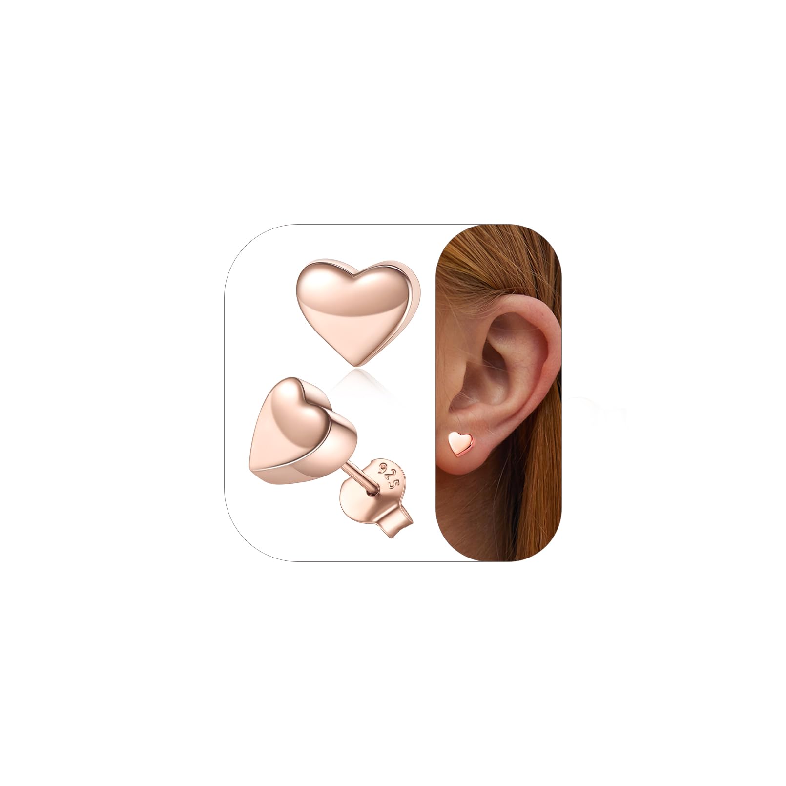 ChicSilver Earrings for Women Rose Gold Plated Simple Heart Stud Earring 925 Sterling Silver Studs for Sensitive Ears