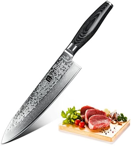 XINZUO 8 inches Hammered Forging Damascus Chef Knife Kitchen Knife Very Sharp Gyutou Knife Fashion Professional Chef's Knife with Pakka Wood Handle (Black)