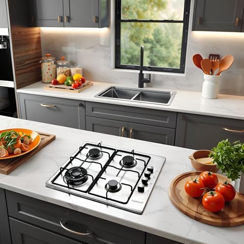 GI 6031 Table de Cuisson à Gaz 4 Brûleurs Émaillés Allumage Électronique Intégré à la Commande Soupapes de Sécurité Préparée Pour le Gaz Naturel Puissance de 8kW 58 cm