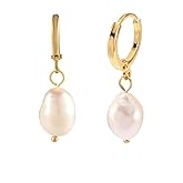 Baroque Pearl Drop Earrings, Stainless Steel 14K Gold - Plated Huggie Hoops with Natural Freshwater Pearl, Dangle Earrings for Women, Fashion Jewelry for Daily & Occasion Wear