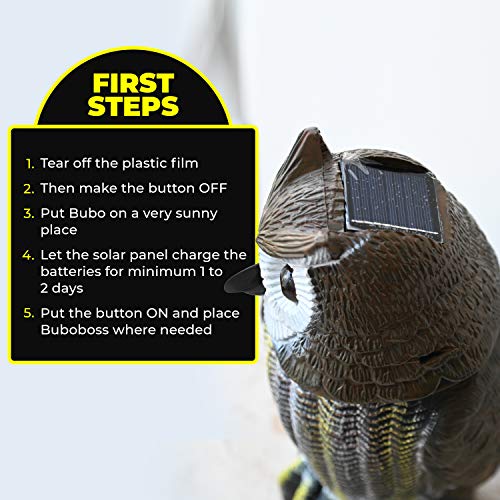 BuboBoss Fake Scarecrow Owl Decoy 16 Inch Solar Powered Motion Activated Plastic Owl to Keep