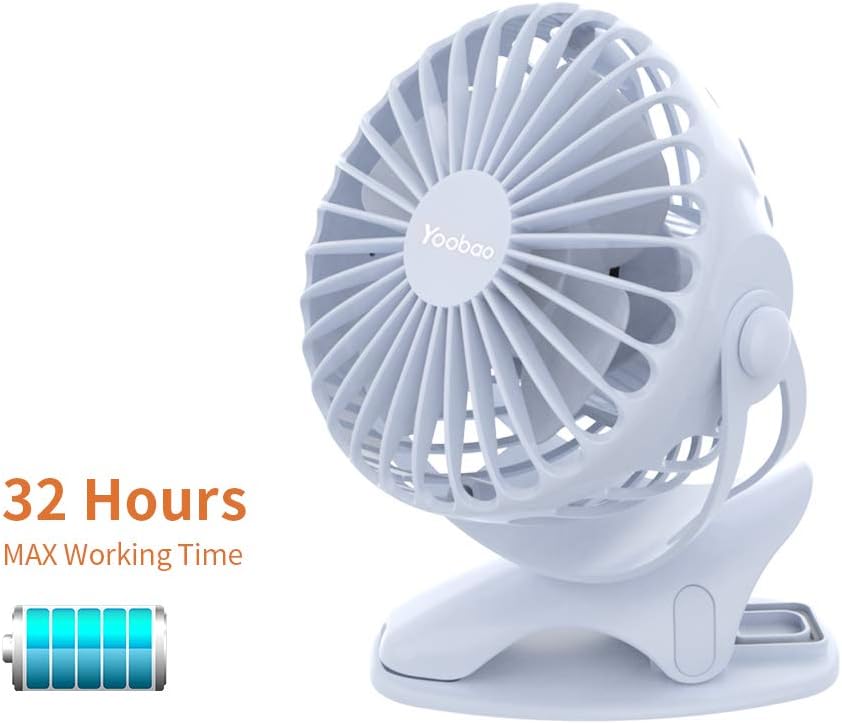Yoobao Clip on Stroller USB Fan Battery Operated Portable Fan 32 Hours Rechargeable Mini Quiet Personal Desk Fan 4 Speeds for Baby Outdoors Bedroom Kitchen - Blue